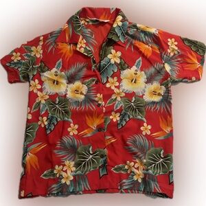 Red, flowered Hawaiian shirt